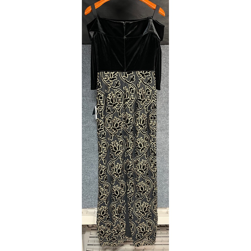 Adrianna Papell Black Velvet Off Shoulder Brocade Gown Formal Evening Size 6 - Picture 6 of 13